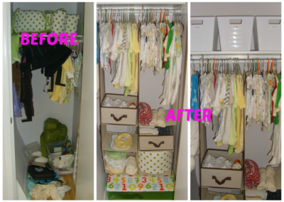 Nursery closet professionally organized for simple accessibility